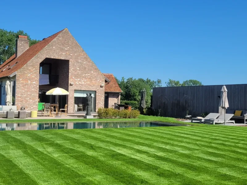 Totaalproject tuin met vijver, padouk terras en verlichting, Brugge