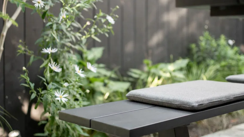 Gerenoveerde tuin waar een volwassen boom behouden bleef naast een vernieuwd terras